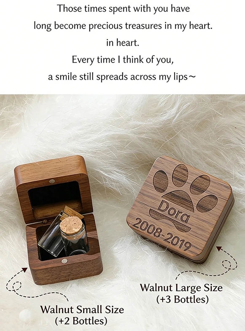 Walnut Wooden Pet Hair Memorial Keepsake Box Custom Engraved Paw Print Storage Box for Pet Hair Teeth Nails Ashes, Sentimental Pet Loss Remembrance Sympathy Gift