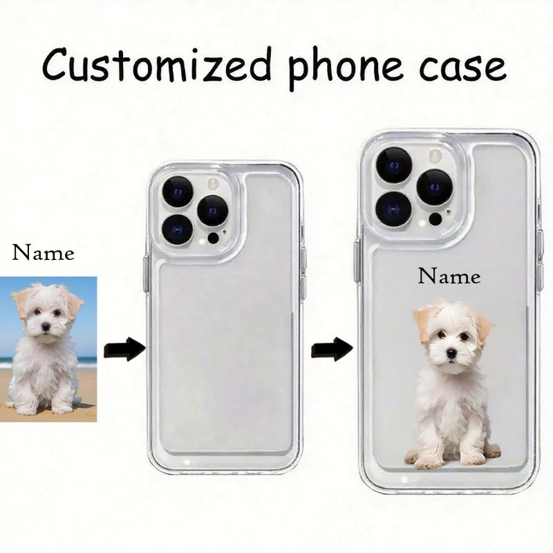 Customization guide for personalized pet photo phone case, upload your pet picture to create custom transparent phone cover