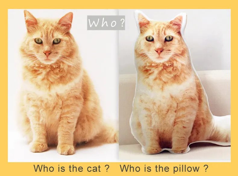 Real orange cat photo vs custom plush pillow comparison image, personalized pet portrait cushion display, custom cat memory throw pillow sample for pet loss memorial gift