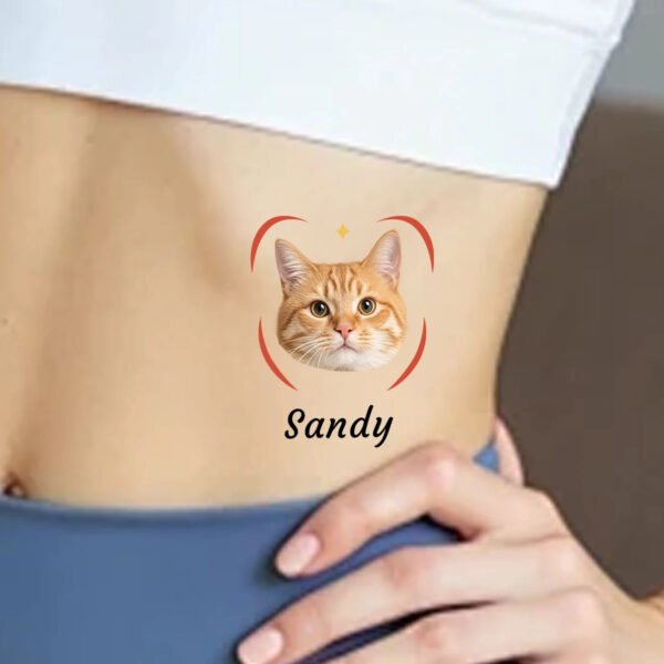 Custom cat portrait temporary tattoo sticker with personalized pet name, custom pet waterproof tattoo displayed on waist, fur baby memorial keepsake for pet owners