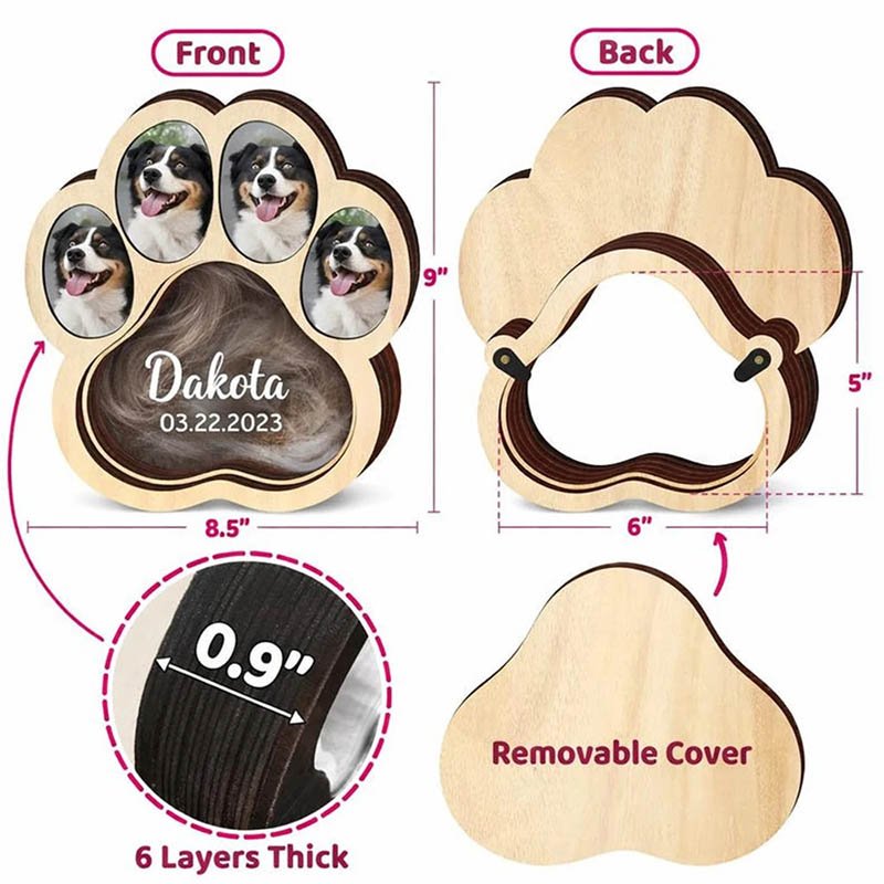 Paw Wooden Pet Fur Keepsake Box Front & Back Structure Diagram, 6-Layer Wood Removable Storage Cover
