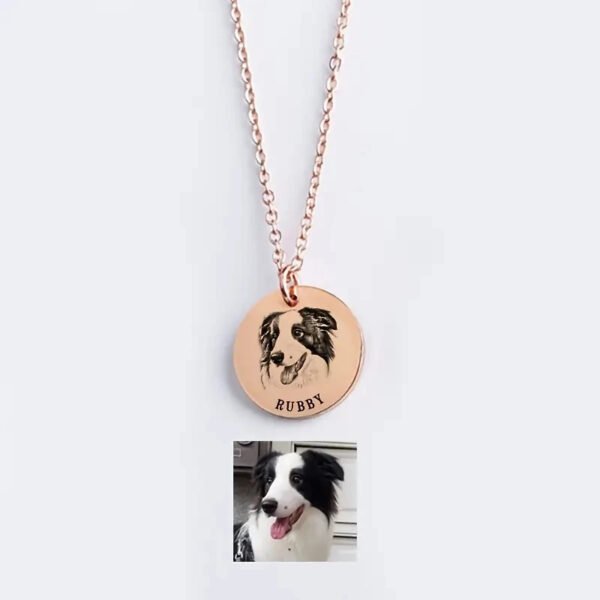 Personalized Single Disc Pet Photo Engraved Necklace, Custom Rose Gold Dog Portrait Round Pendant, Minimalist Dainty Pet Memorial Keepsake Jewelry Gift for Pet Lovers