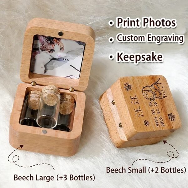 Custom Beech Wood Pet Hair Keepsake Box With Photo Frame, Personalized Engraved Pet Fur Teeth Storage Box with Mini Glass Vials, Pet Loss Remembrance Sympathy Gift for Dog Cat Owners