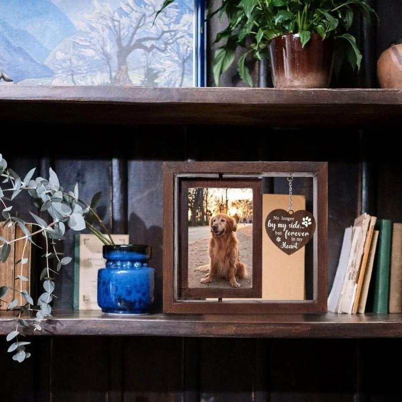 Rotating Wooden Pet Memorial Photo Frame Displayed On Bookshelf, Personalized Dog Cat Remembrance Picture Frame Home Decor 