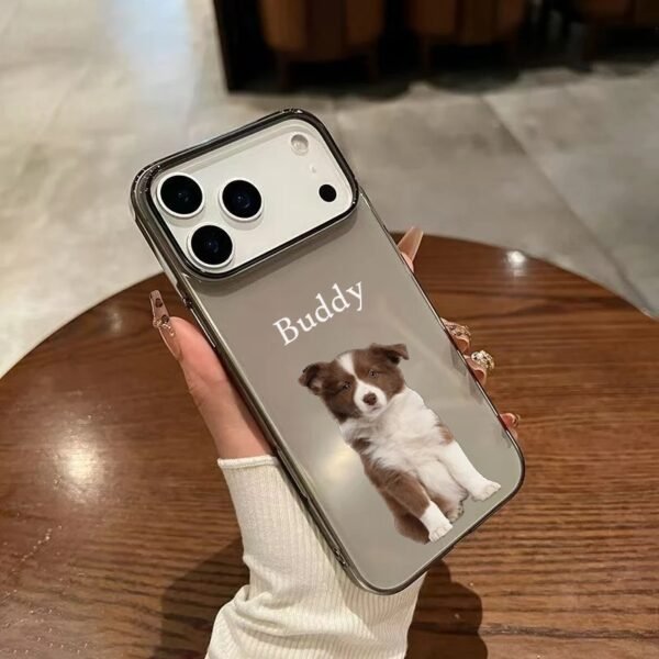 Hand holding custom pet photo transparent phone case printed with border collie dog portrait and personalized name Buddy