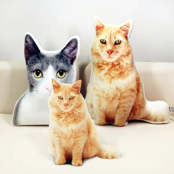 Lifestyle shot of custom 3D shaped cat plush pillows, personalized full body cat portrait pet memorial pillow home decor