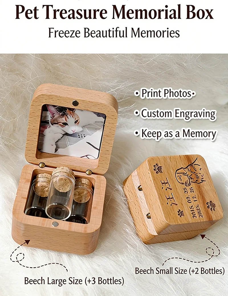 Beech Wood Pet Treasure Memorial Keepsake Box With Photo Window & Mini Glass Vials, Custom Engraved Storage Box for Pet Hair, Teeth, Nails, Ashes, Pet Loss Sympathy Remembrance Gift