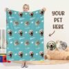 Teal all-over print custom pet photo fleece throw blanket, personalized repeating dog cat portrait memory blanket customization preview image