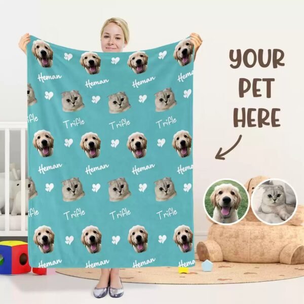 Teal all-over print custom pet photo fleece throw blanket, personalized repeating dog cat portrait memory blanket customization preview image