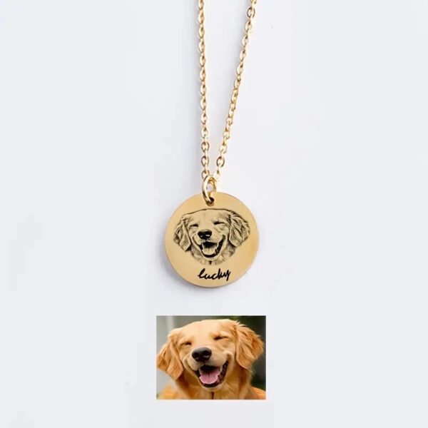 Personalized Single Gold Disc Pet Photo Engraved Necklace, Custom Dog Portrait Round Pendant, Dainty Minimalist Pet Memorial Keepsake Jewelry Gift for Dog Mom