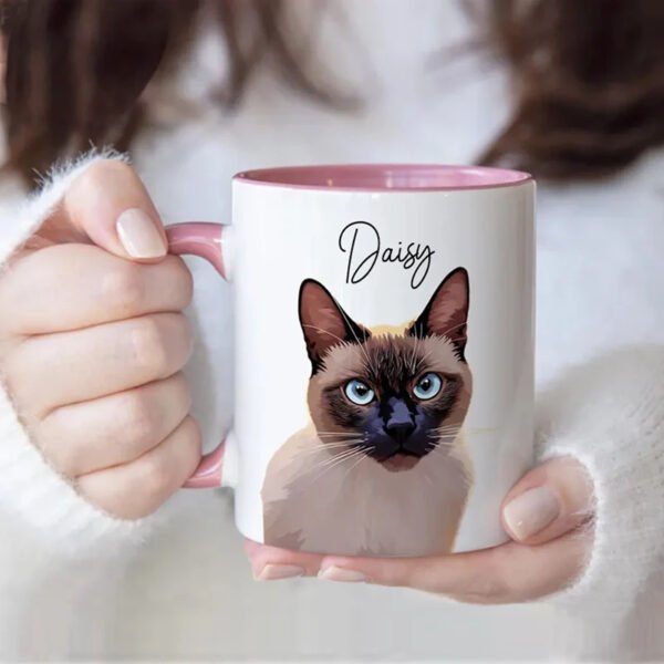 Custom Pink Interior Ceramic Mug, Personalized Siamese Cat Portrait Coffee Cup With Custom Pet Name, Pet Memorial Keepsake Gift For Cat Lovers