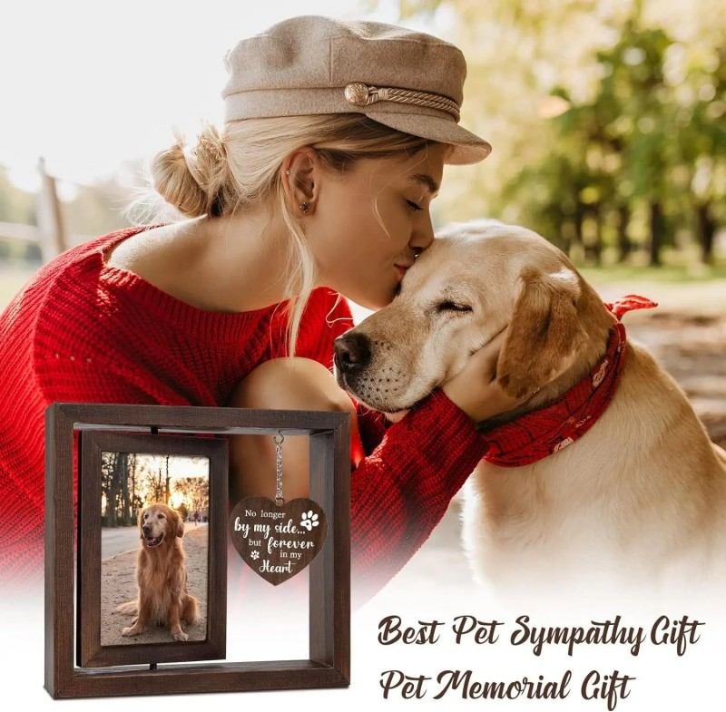 Pet Owner with Dog and Rotating Wooden Pet Memorial Photo Frame, Pet Loss Sympathy Remembrance Keepsake Gift