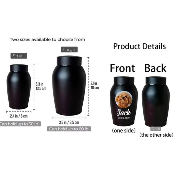 Product Size Guide For Custom Stainless Steel Pet Cremation Urn, Small & Large Two Sizes, Front Back Engraving Display For Dog Cat Ashes Memorial Jar