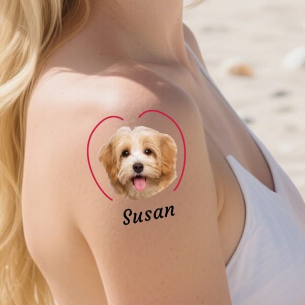 Custom dog portrait temporary tattoo sticker with personalized pet name, waterproof pet tattoo displayed on shoulder, meaningful fur baby memorial keepsake gift for dog owners