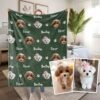 Dark green custom all-over pet photo fleece throw blanket, personalized repeating dog cat portrait memory blanket custom sample display