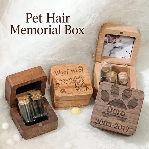 Custom Beech Wood Pet Hair Memorial Keepsake Box with Mini Glass Vials & Photo Window, Personalized Engraved Storage Box for Cat Dog Fur Teeth Ashes, Pet Loss Sympathy Remembrance Gift