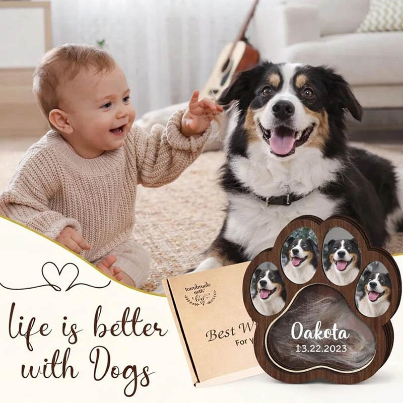 Lifestyle shot of custom paw wooden pet fur keepsake box with family dog photo decor, pet loss sympathy memorial gift