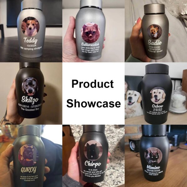 Product Showcase Collage Of Custom Engraved Stainless Steel Pet Cremation Urns, Multiple Personalized Dog Cat Ashes Memorial Jar Display In Black & Silver Finish