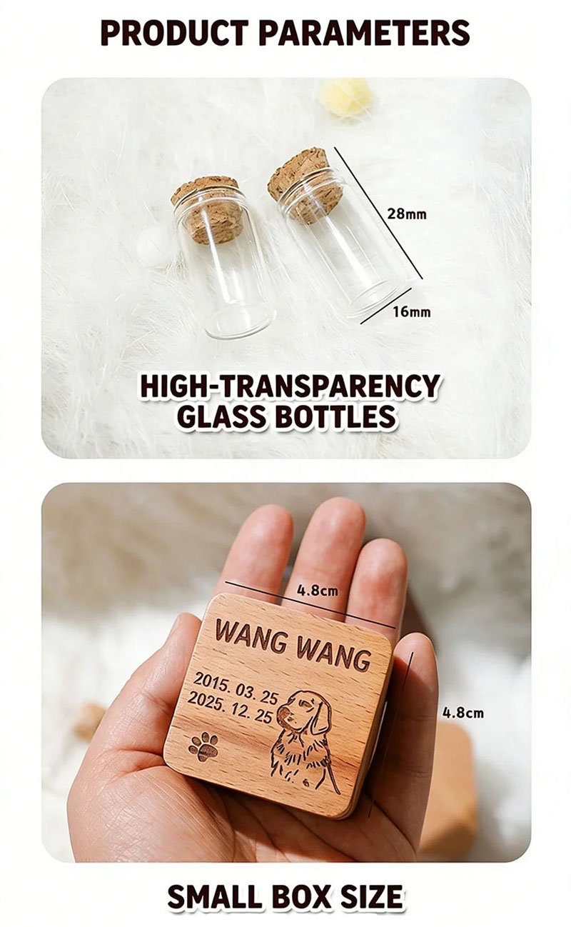 High Transparency Glass Vials & Small Beech Wood Pet Memorial Box Detail Picture, Custom Engraved Wooden Pet Keepsake Storage Box Accessories for Pet Hair Teeth Nails Ashes