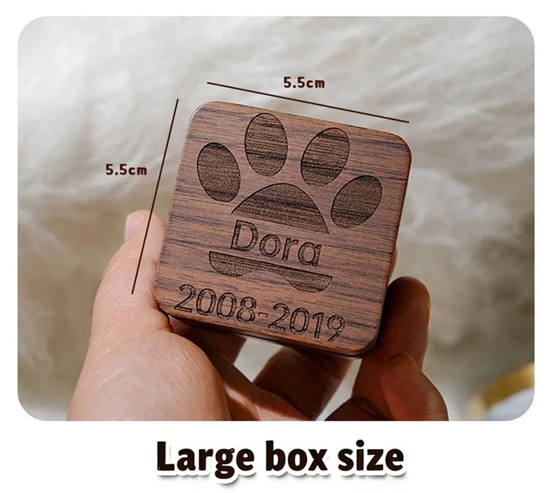 Large Size Walnut Pet Hair Memorial Keepsake Box Size Reference Picture, Custom Engraved Paw Print Wooden Storage Box for Pet Hair Teeth Nails Ashes, Handheld Size Display