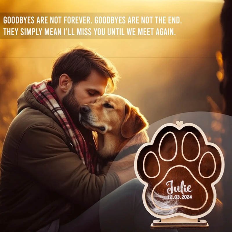Warm sunset lifestyle photo of custom paw wooden pet fur keepsake box, sentimental dog loss memorial sympathy gift for pet owners