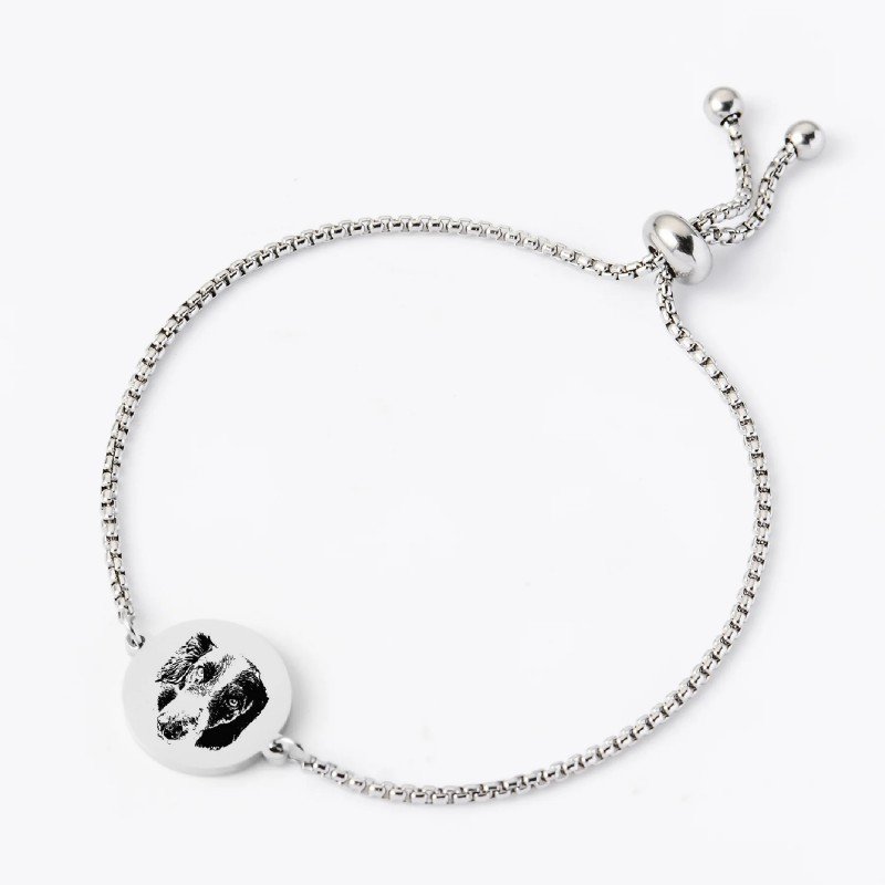 Single Silver Adjustable Custom Pet Portrait Bracelet, Laser Engraved Stainless Steel Pet Photo Memorial Wrist Jewelry For Cat Dog Lovers