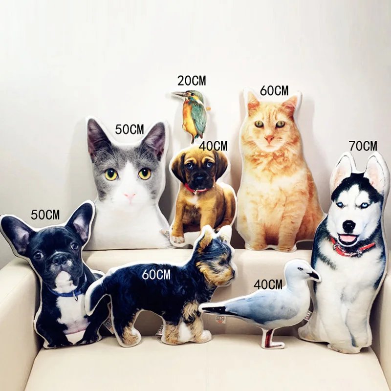 Custom combined pet shaped throw pillow size reference image, group photo plush cushion with cats, dogs and bird, 50/60/70cm size options for multi-pet family memorial keepsake