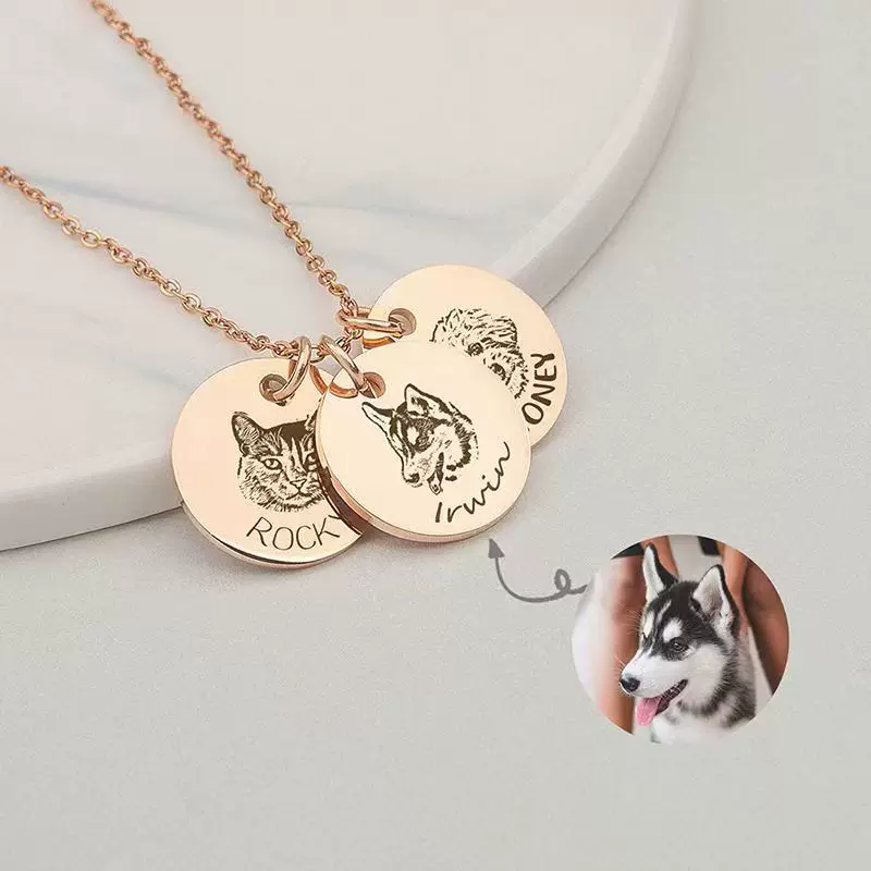 Custom Two Pendants Gold Pet Photo Engraved Necklace Demo, Stackable Multi Dog Portrait Disc Jewelry Upload Guide For Personalized Pet Memorial Keepsake