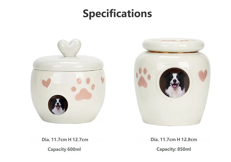 Product specifications chart of custom photo ceramic pet urn, 600ml & 850ml two sizes heart lid ashes memorial jar with paw heart embossment