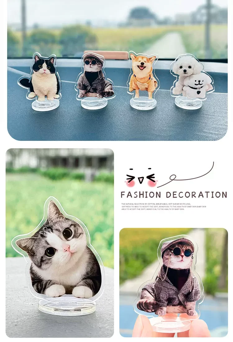 Collage of custom pet acrylic standee samples, various personalized dog and cat portrait desktop display ornaments