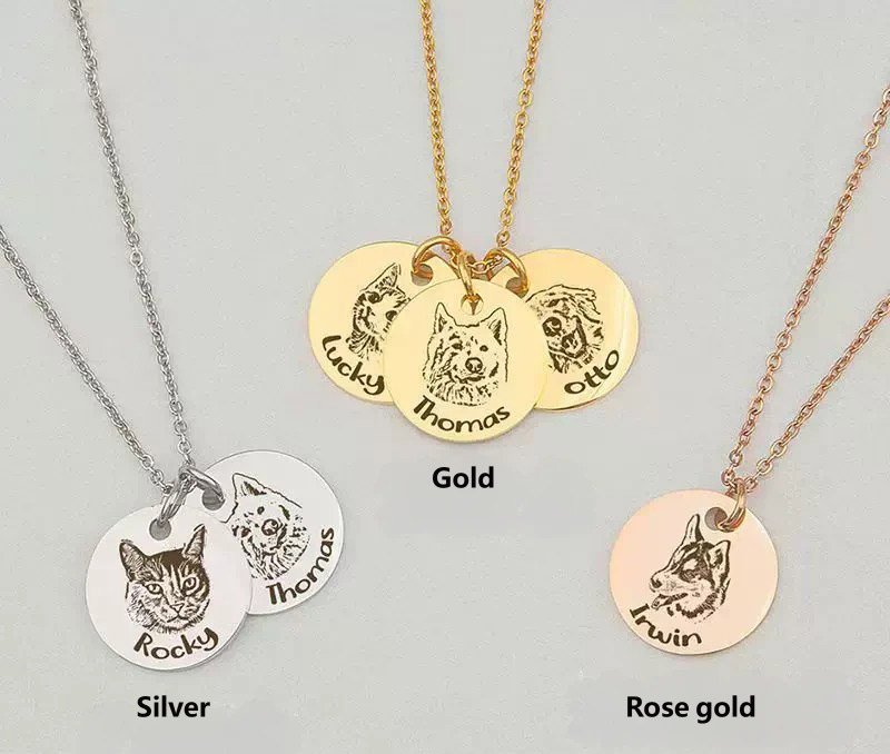 Personalized Pet Portrait Necklace, Custom Memorial Jewelry, Silver Gold Rose Gold Stackable Pet Photo Engraved Pendant, Multi-Pendant Pet Memorial Jewelry Color Options Display