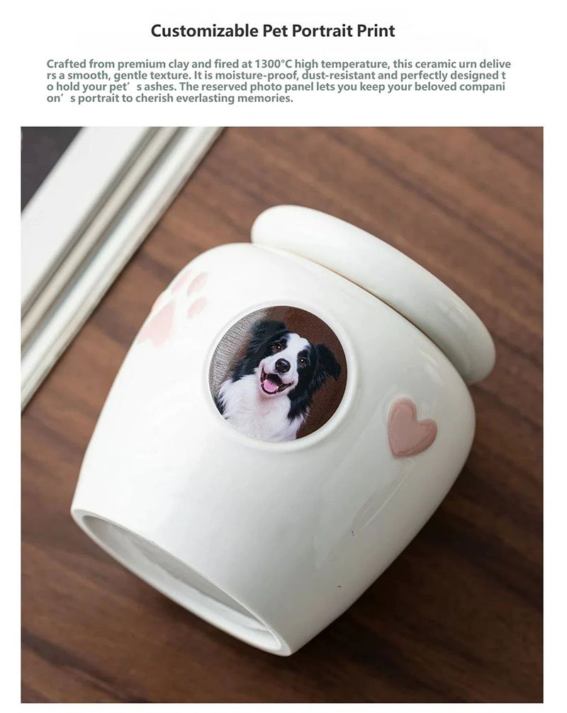 Customizable pet portrait print ceramic pet urn, white glossy memorial ashes jar with embossed pink heart decor for cats small dogs