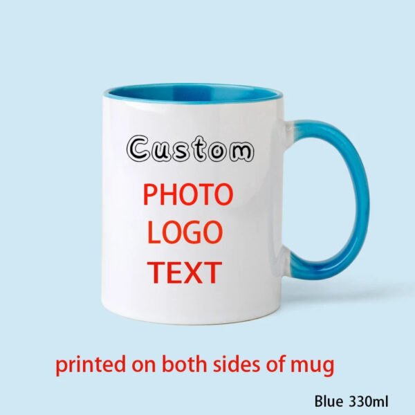 Custom Two-Tone Blue Handle Ceramic Mug Blank Template, Personalized Pet Photo Logo Text Coffee Cup, 330ml Double Side Print Custom Pet Keepsake Mug