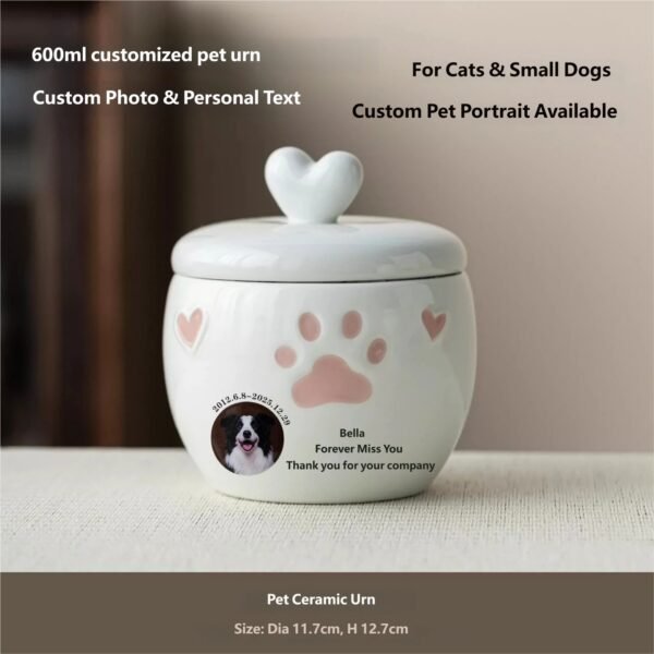 600ml small custom photo ceramic pet urn for cats and small dogs, heart lid pet ashes memorial jar with paw heart decor