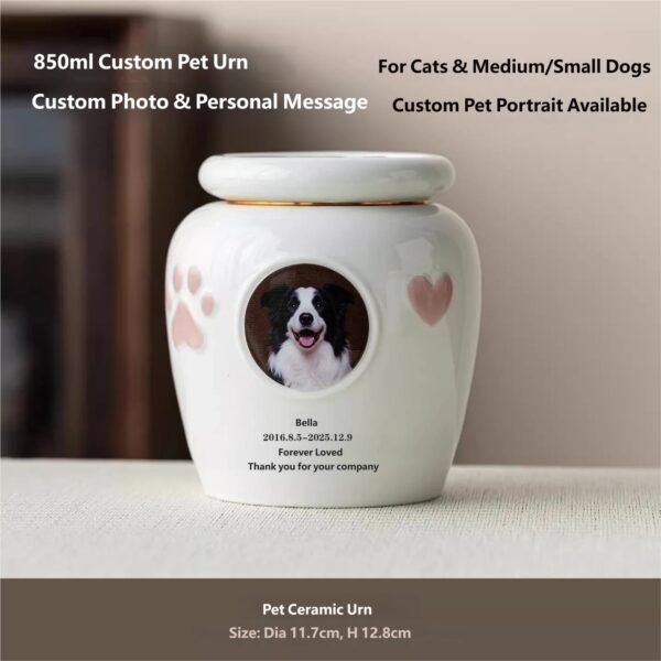 850ml Custom Photo Ceramic Pet Urn For Cats & Medium Small Dogs, Personalized Ashes Storage Memorial Jar With Alloy Sealed Lid