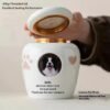 Ceramic pet urn with alloy threaded sealing lid, tight leak-proof screw cover for pet ashes storage, custom photo dog cat memorial jar