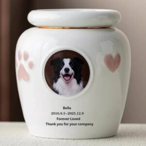 Custom photo ceramic pet urn with alloy threaded sealed lid, pink paw & heart embossment, personalized dog cat ashes memorial keepsake jar