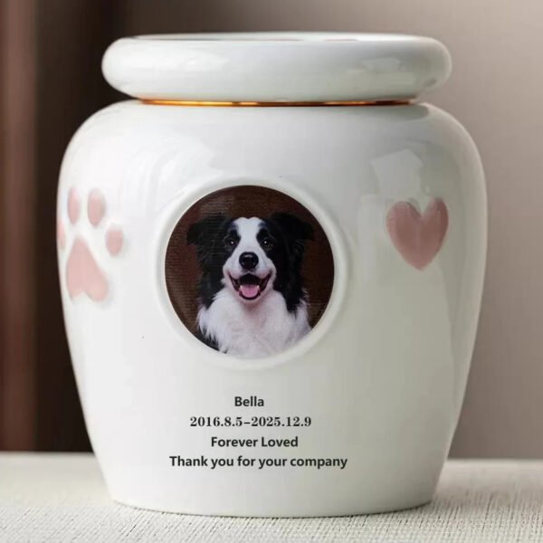 Custom photo ceramic pet urn with alloy threaded sealed lid, pink paw & heart embossment, personalized dog cat ashes memorial keepsake jar
